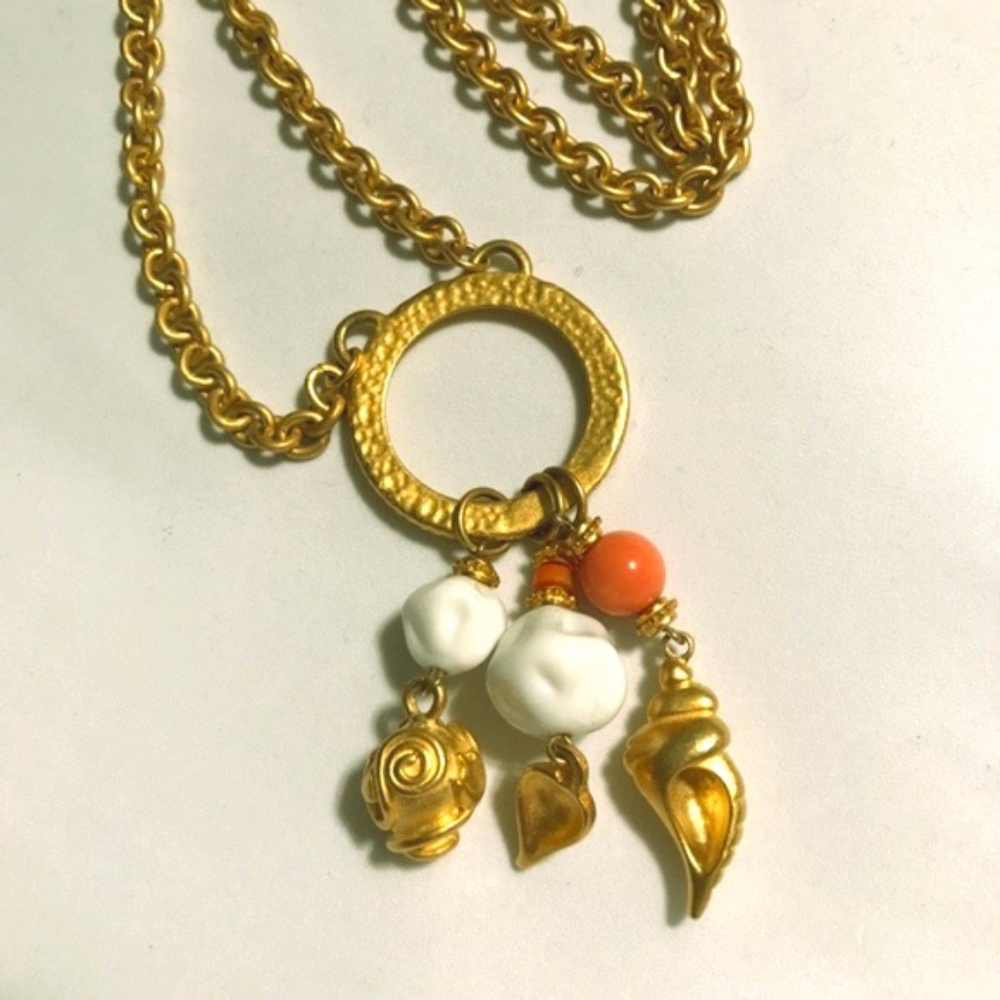 Gold tone lariat necklace geometric charm dangles